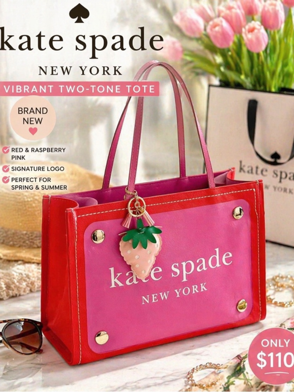 KATE SPADE Bag Knit TOTE NEW in Pink & Red Preppy Silver Buttons 15" x 9"